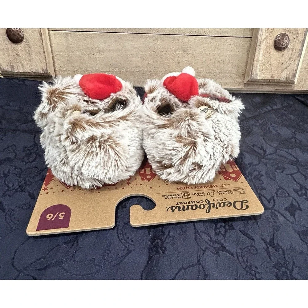 Dearfoams Cozy Comfort Baby Bear Toddler Fuzzy Slippers Size 5/6 Christmas Theme